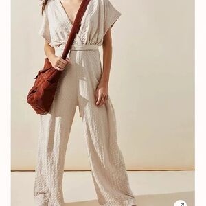 FP Beach Isola Maxi Jumpsuit Salt Small | Coastal Boho Wrap Belt Waffle Cotton